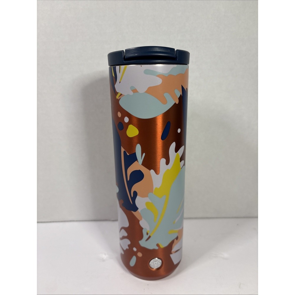 Starbucks Stainless Steel Tumbler Copper Abstract Leaf Floral Flip Top Lid 16oz